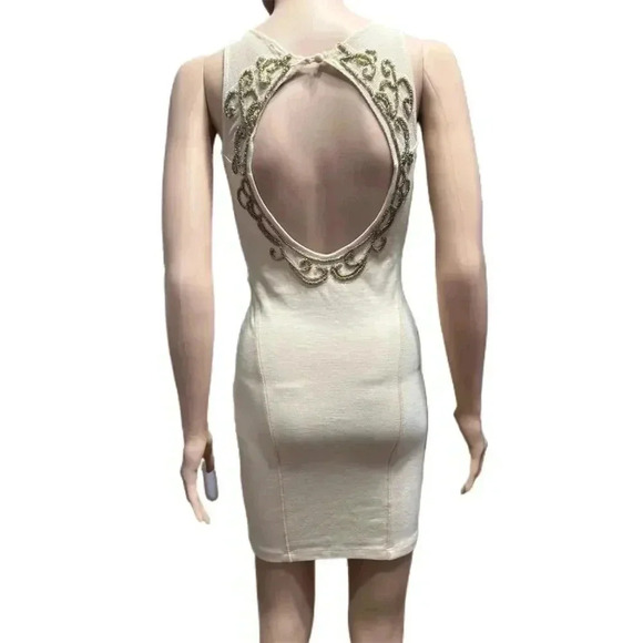 Free People XS Nude Tan Beaded Bodycon Mini Low Back Glam Dress - Picture 4 of 11